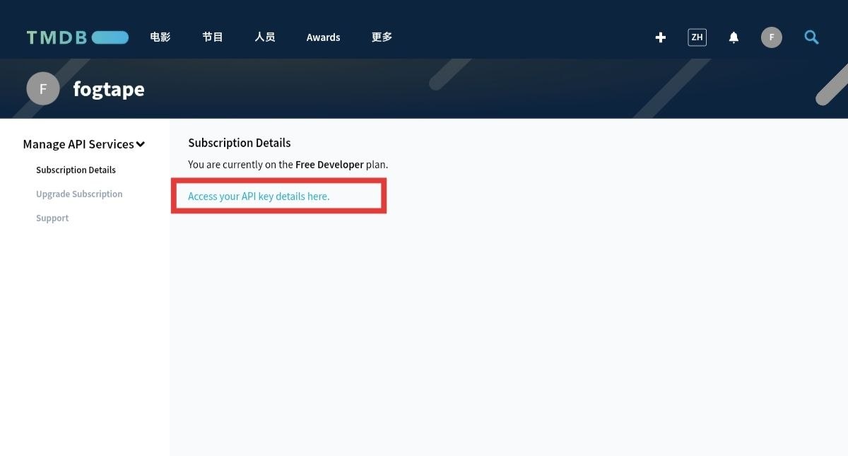 TMDB 进入 API Key 详情页