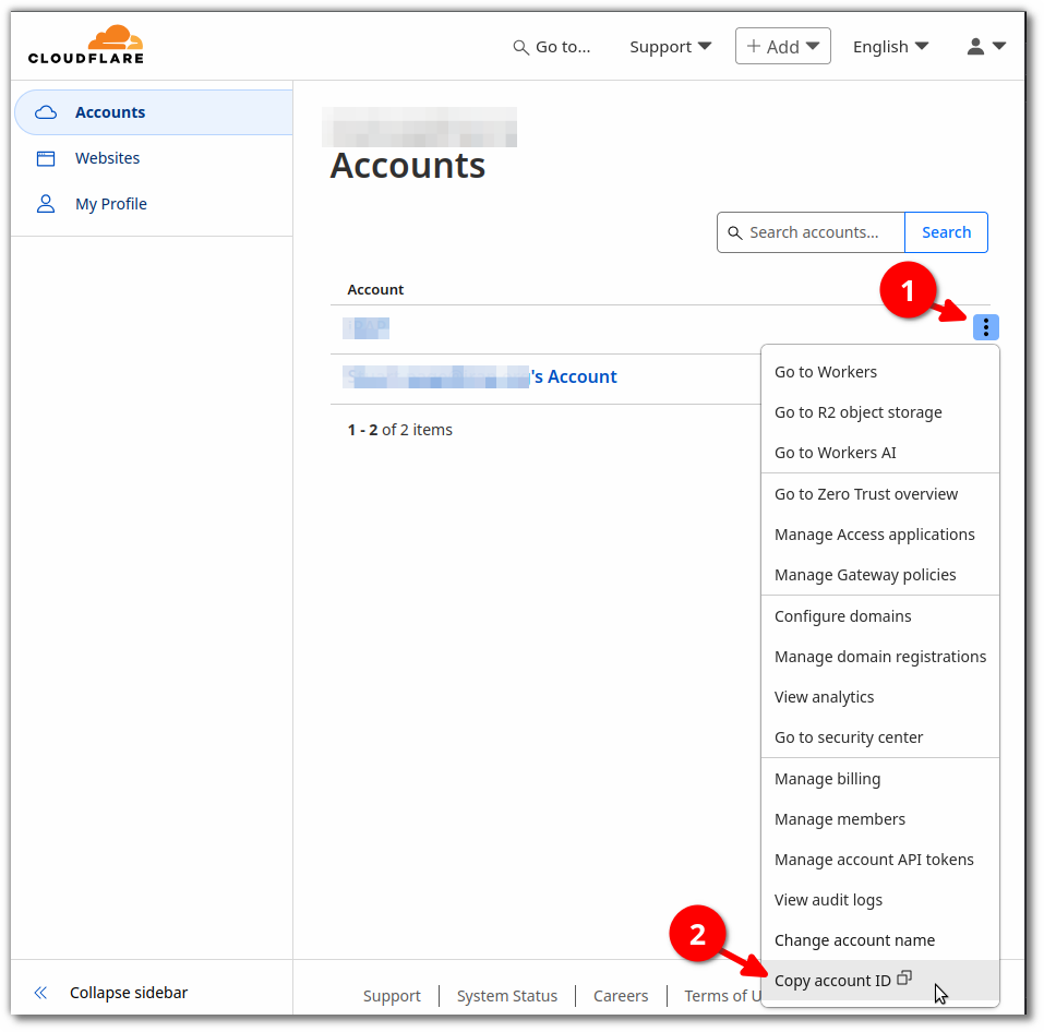 Cloudflare 后台复制 Account ID 的截图