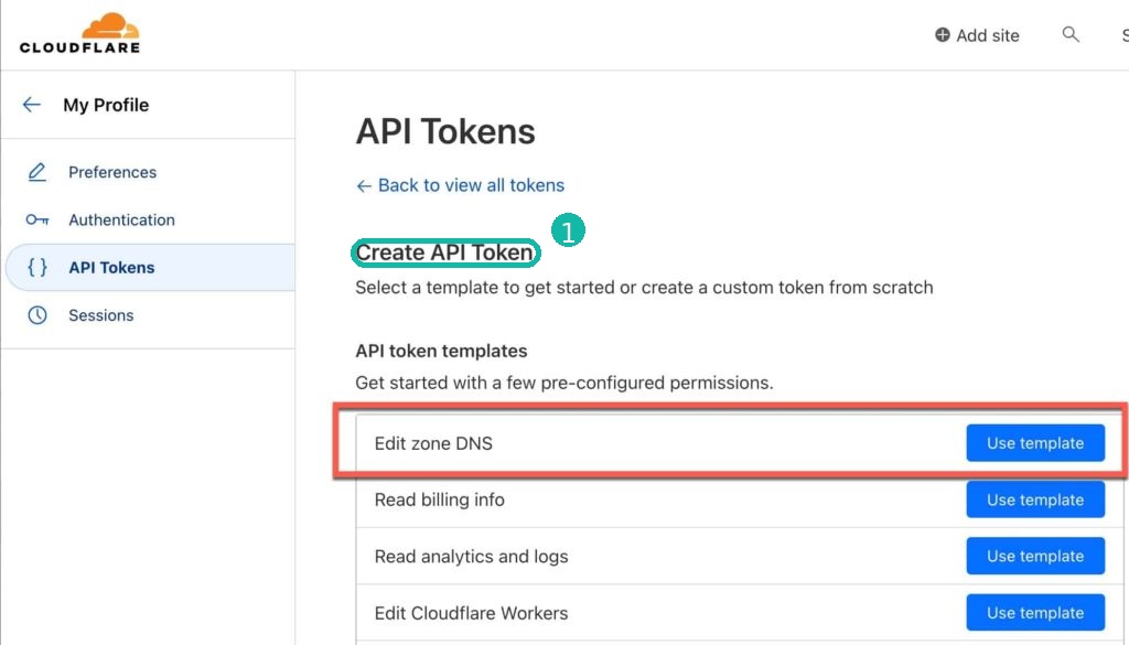 Cloudflare API Token 页面 Create API Token 位置截图