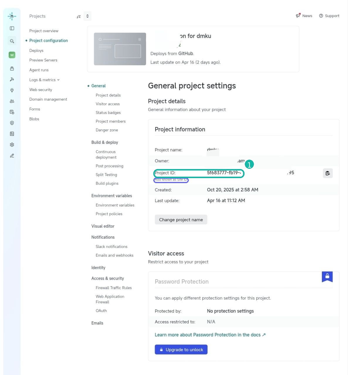 Netlify Project details 页面里 Project ID 位置截图