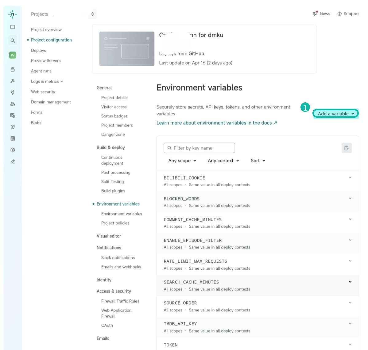 Netlify Environment variables 页面 Add a variable 按钮截图