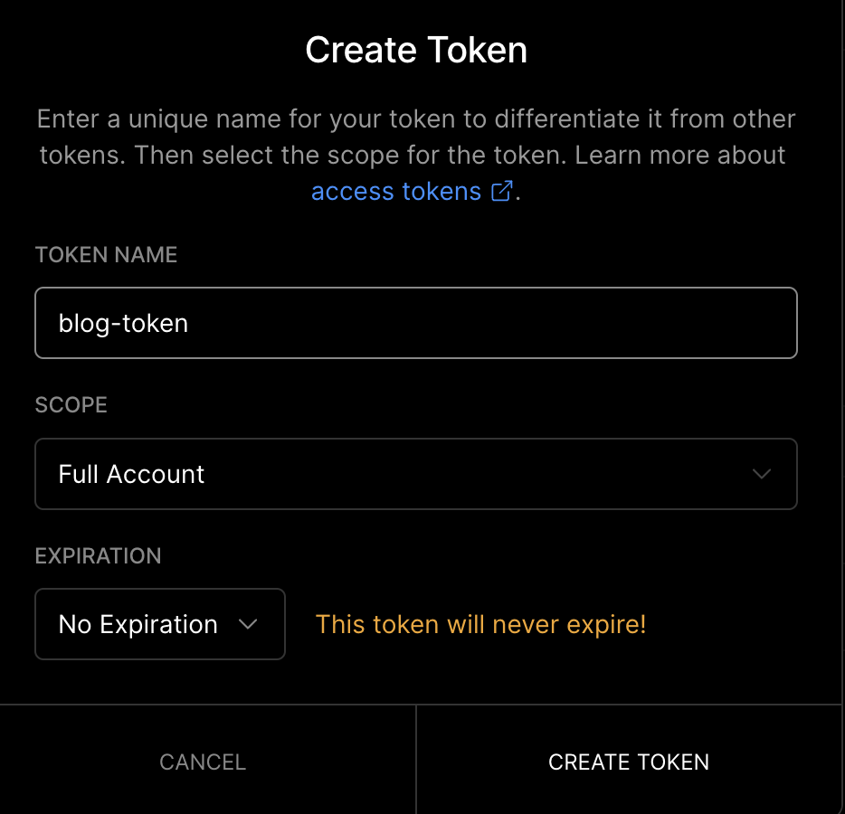 Vercel Token 创建页面官方截图
