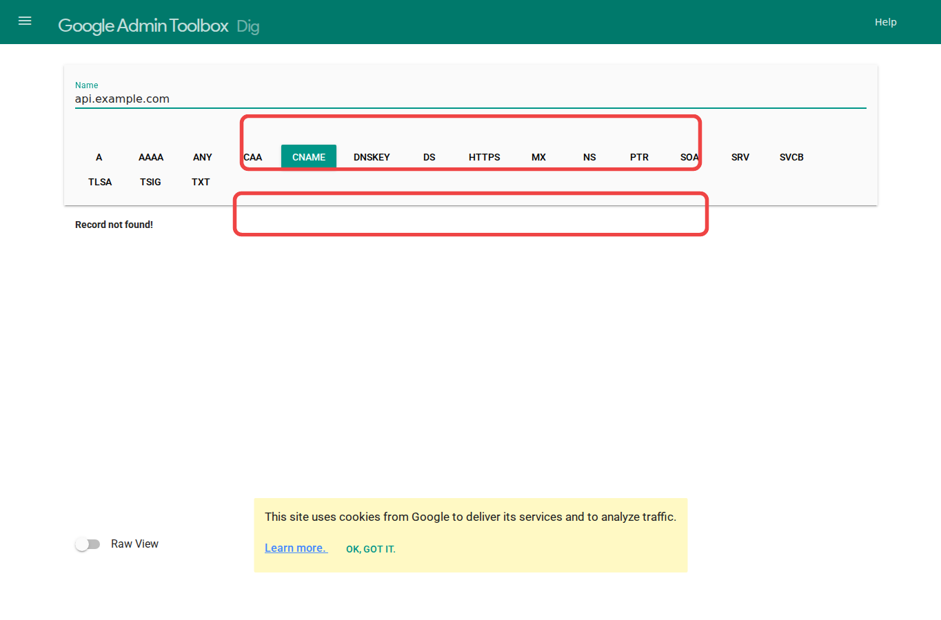 Google Admin Toolbox 查询 CNAME 的页面截图
