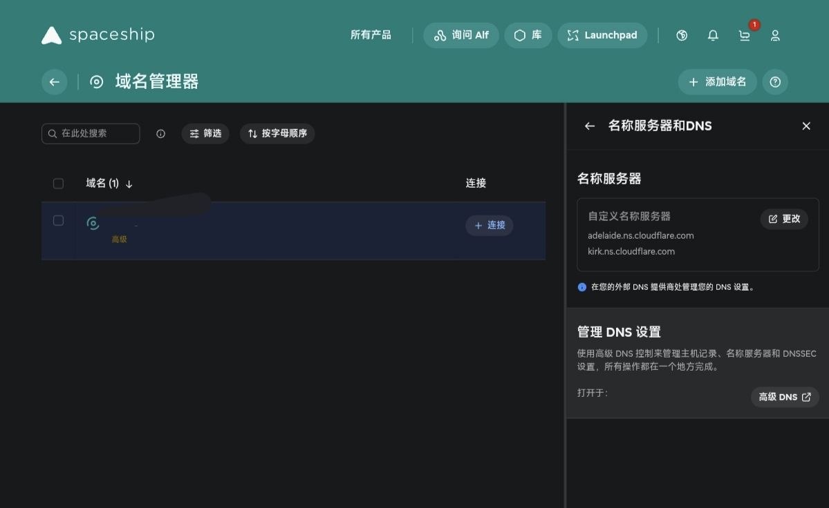 Spaceship 名称服务器和 DNS 面板里的当前 nameserver