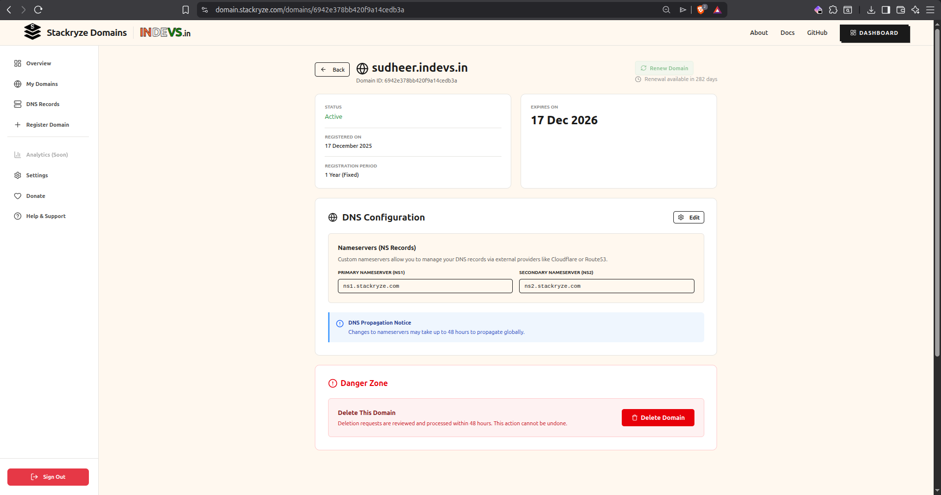Stackryze 域名详情页 DNS Configuration 的 Edit 按钮