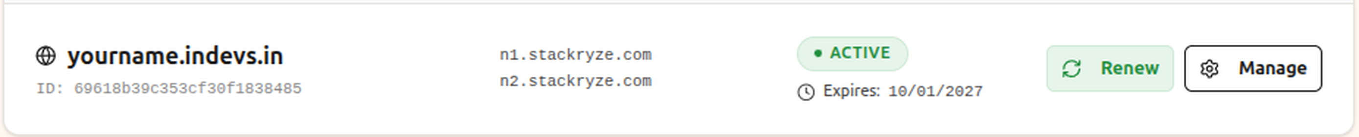 Stackryze My Domains 页面中的 Manage 按钮
