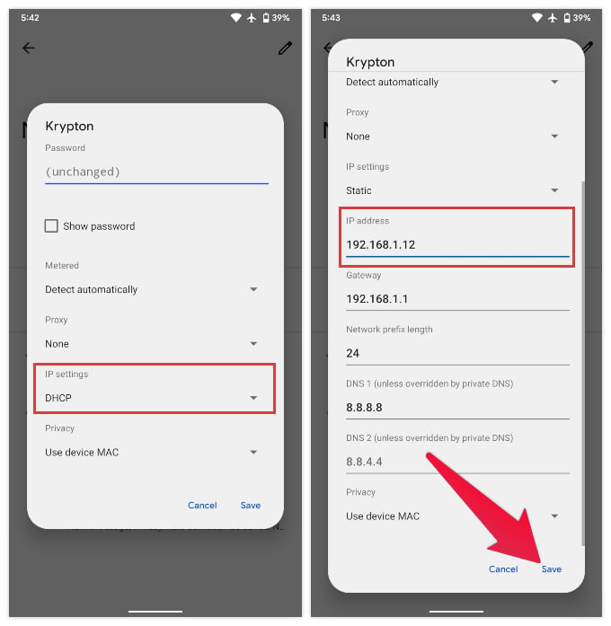 Android Wi-Fi 静态 IP 设置页面