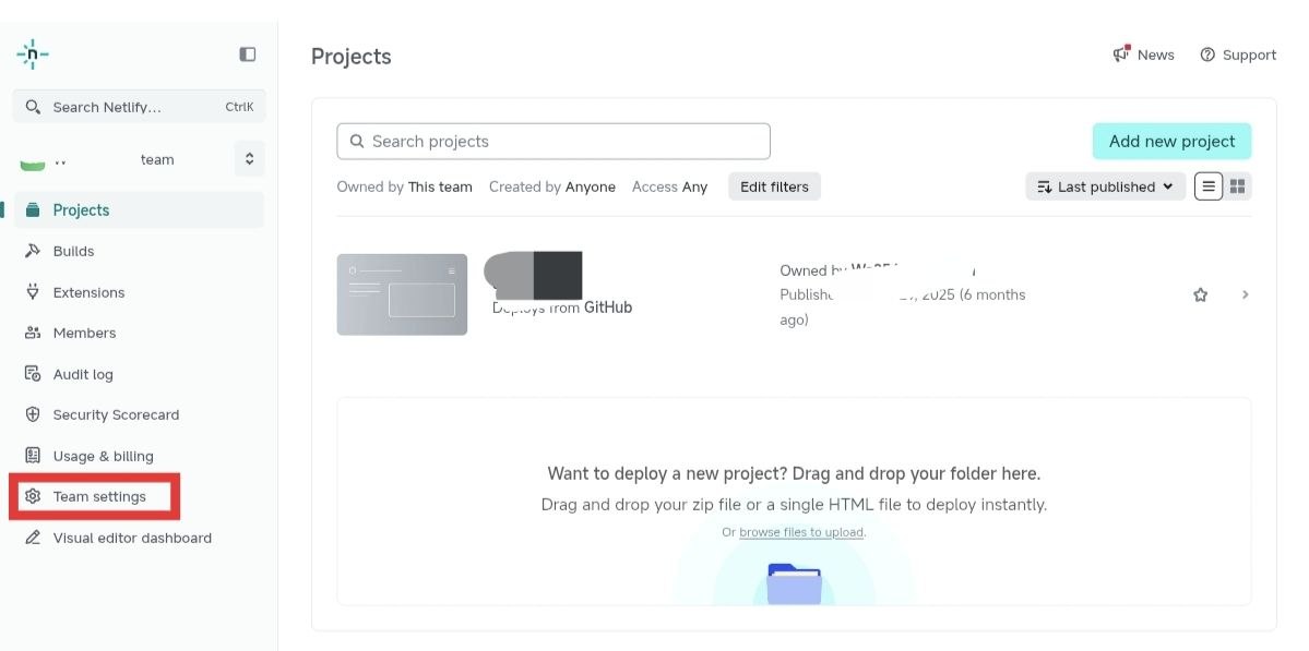 Netlify Projects 页面左侧栏点击 Team settings