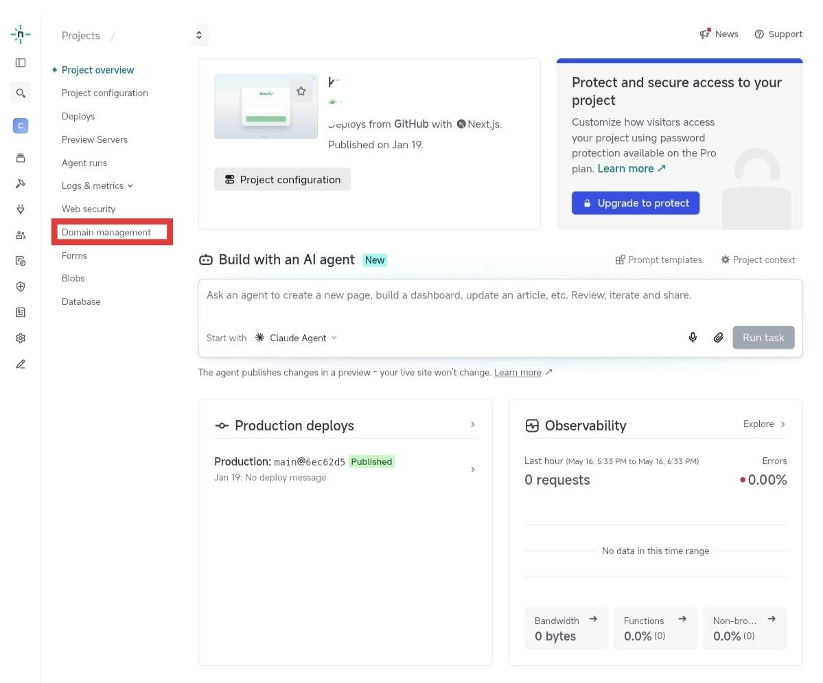 Netlify 项目页面点击左侧 Domain management