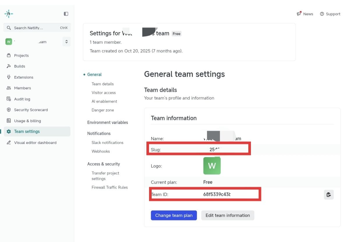 Netlify Team settings 页面复制 Slug 或 Team ID
