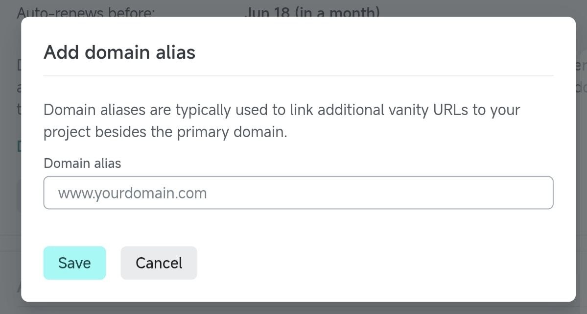 Netlify Add domain alias 弹窗填写自定义域名