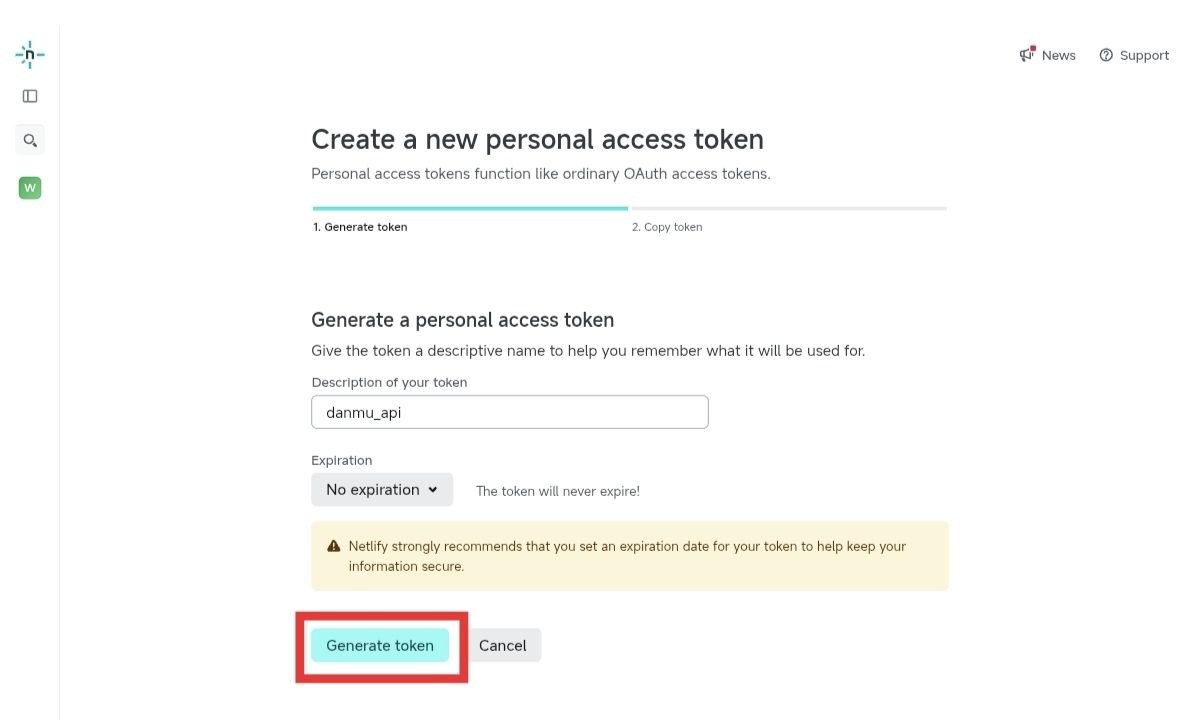 Netlify Generate a personal access token 页面点击 Generate token