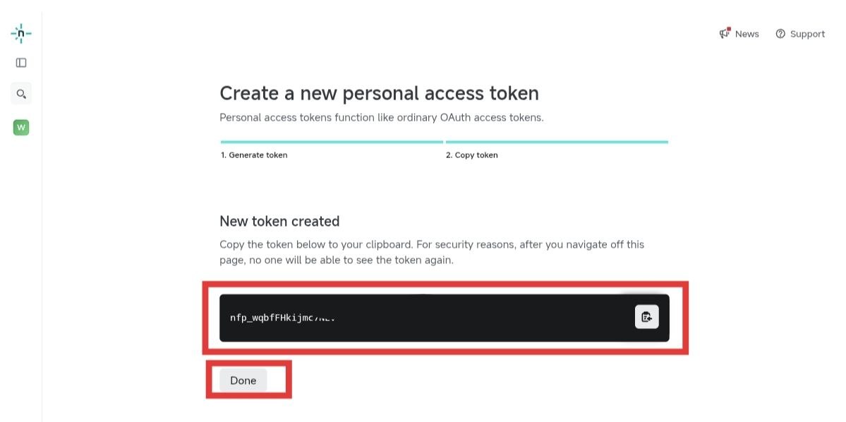 Netlify New token created 页面复制 Token 后点 Done