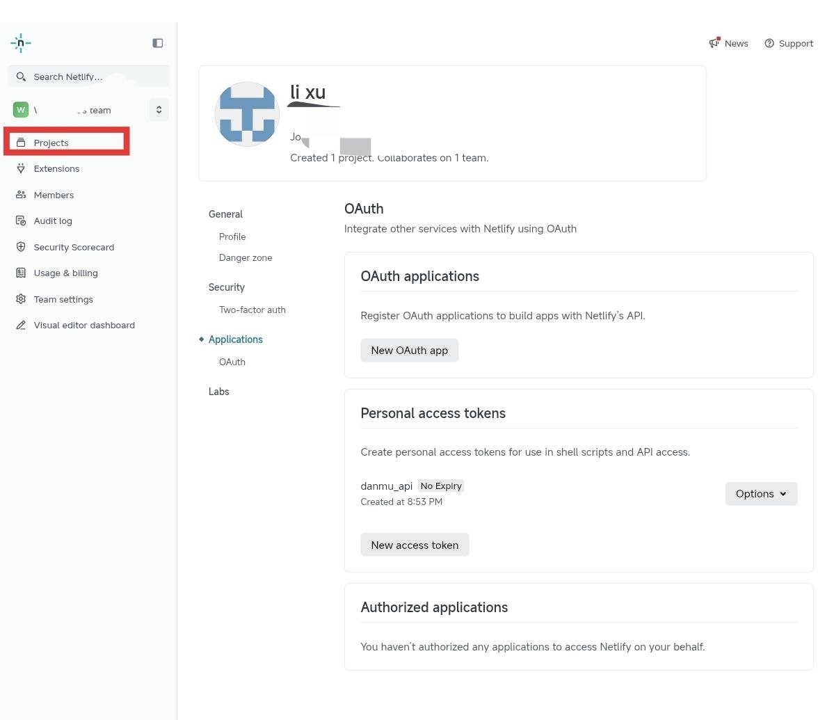Netlify OAuth 页面左侧栏返回 Projects
