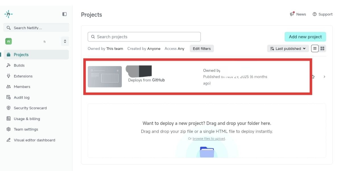 Netlify Projects 页面再次打开项目