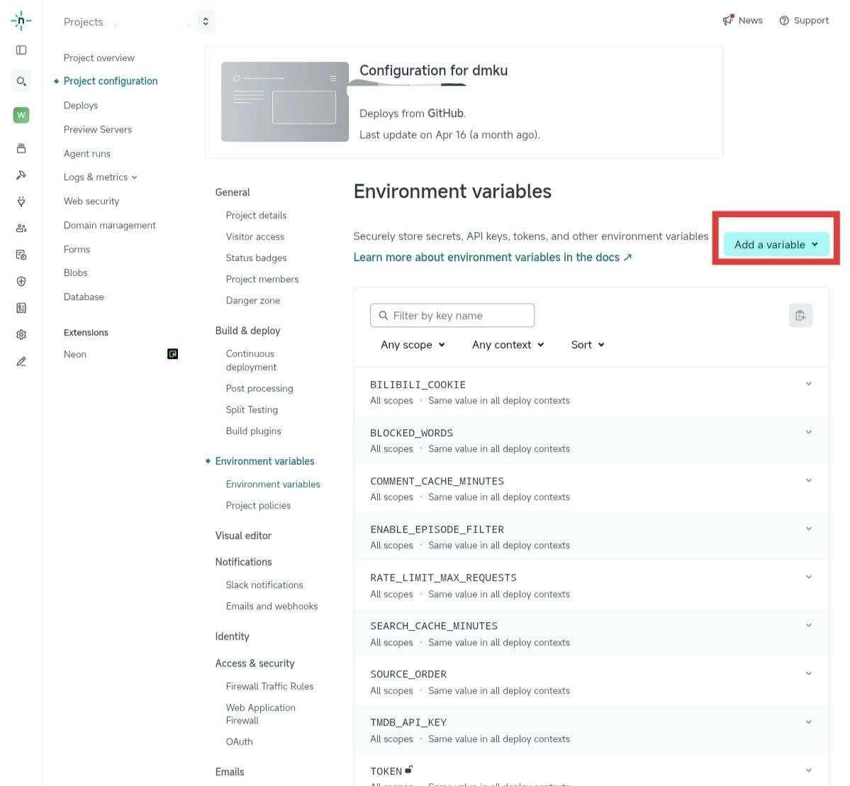 Netlify Environment variables 页面点击 Add a variable