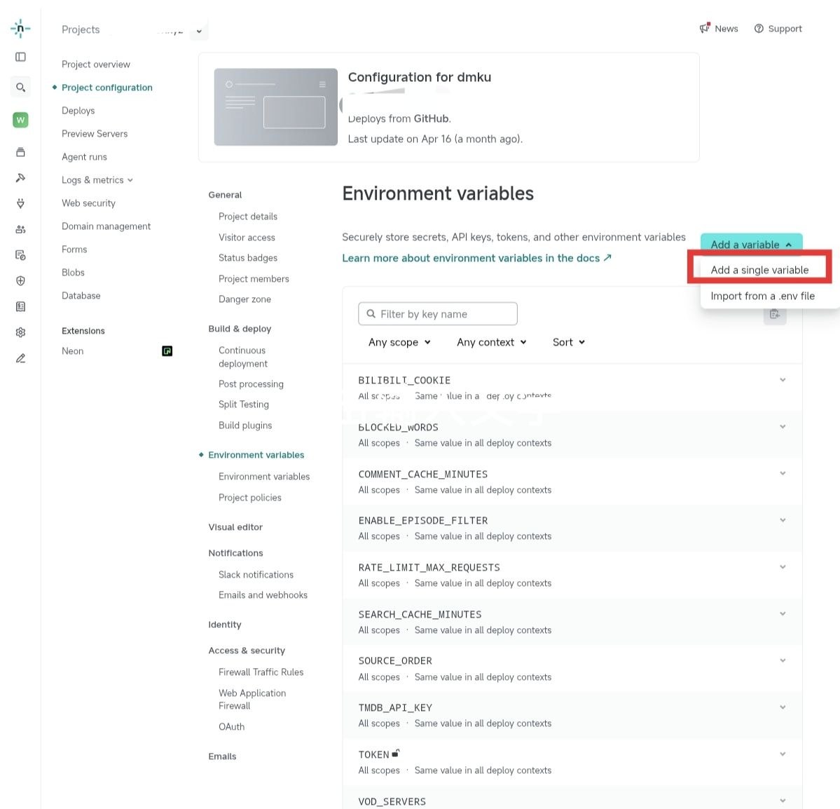 Netlify Add a variable 菜单里选择 Add a single variable