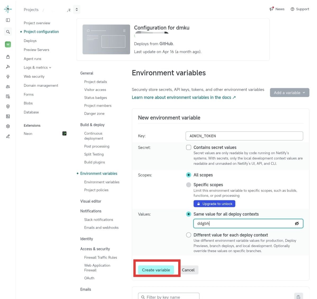 Netlify New environment variable 表单点击 Create variable