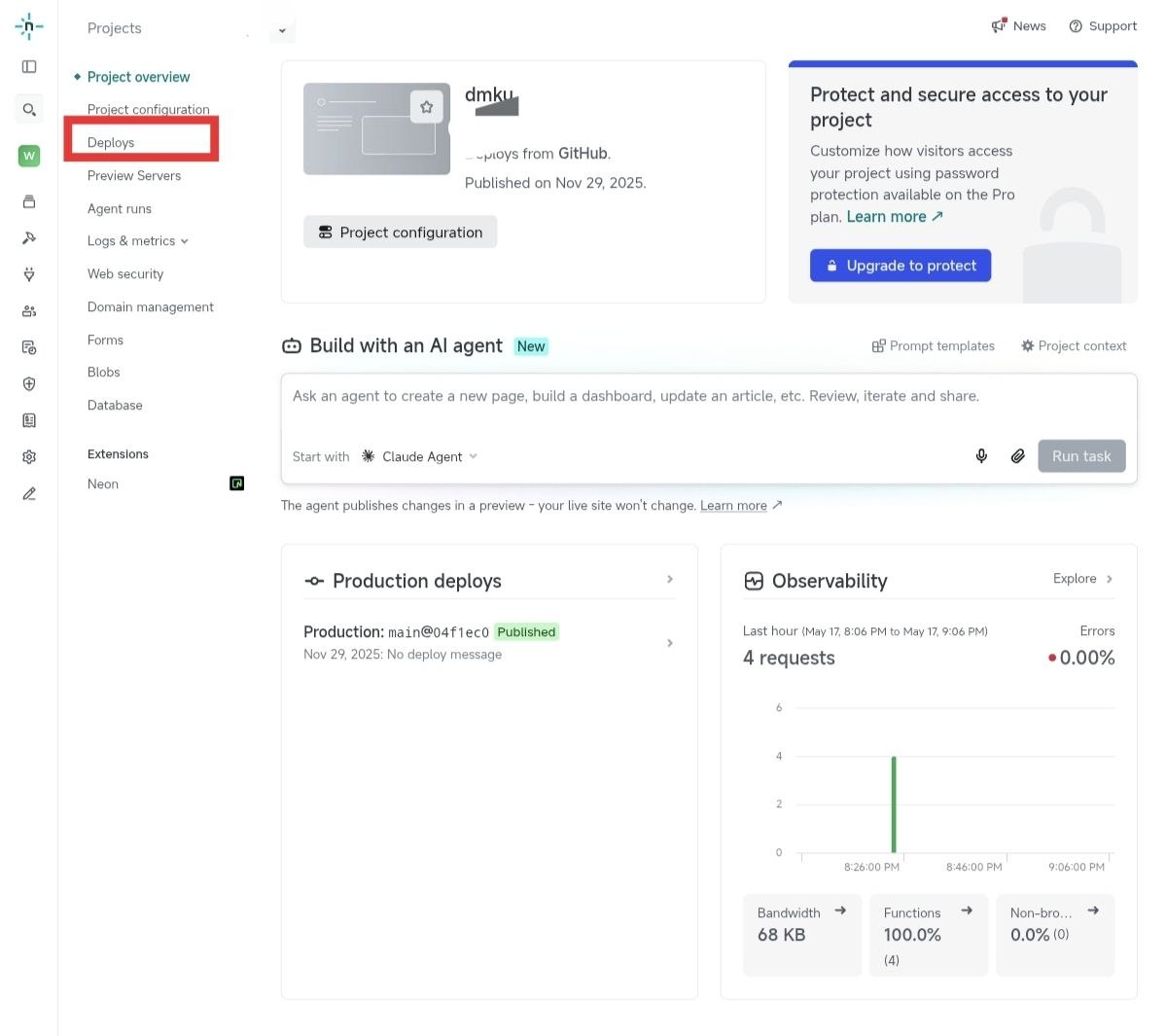 Netlify 项目概览页点击 Deploys