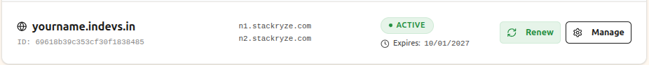 Stackryze My Domains 列表 ACTIVE 状态