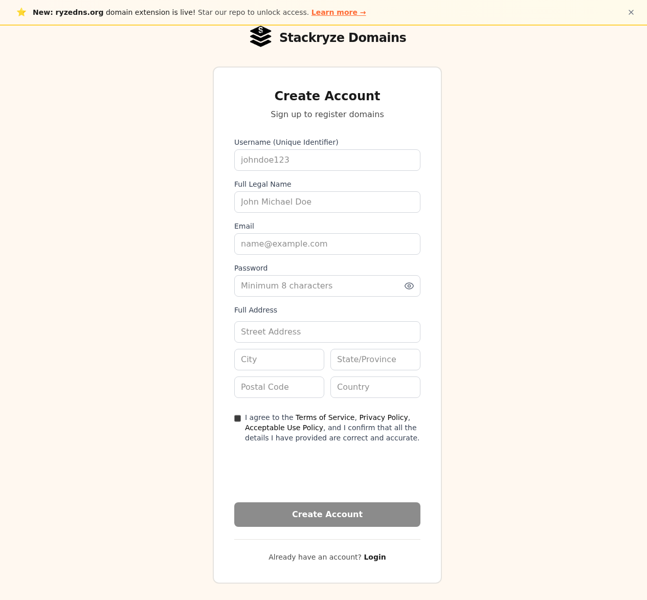 Stackryze Create Account 注册账号页面