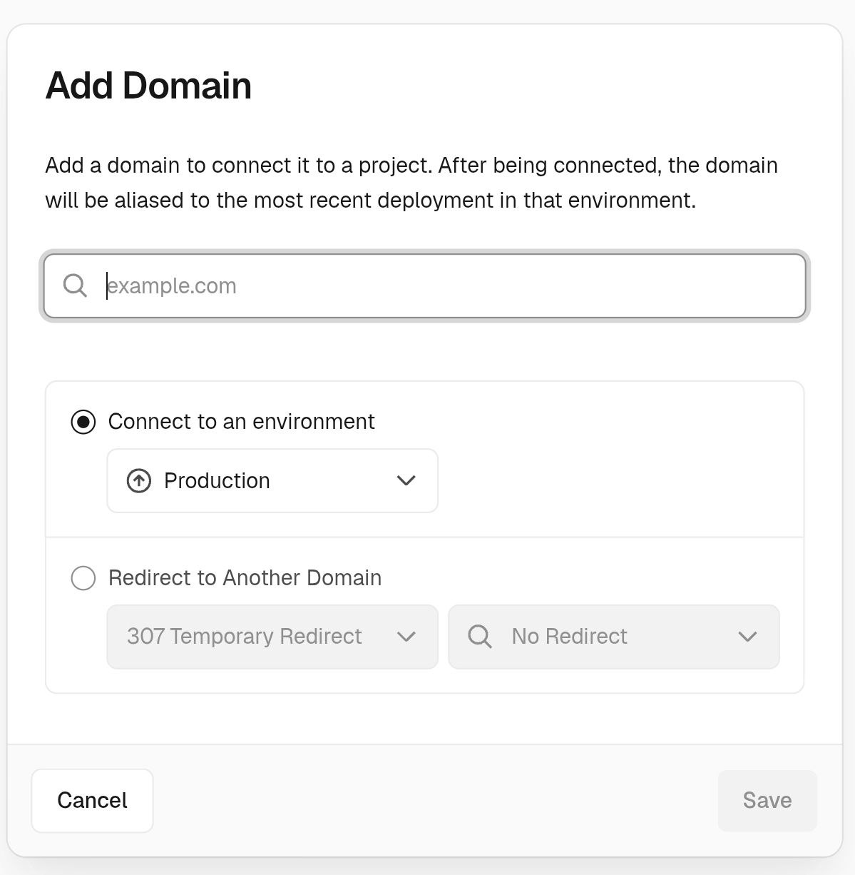 Vercel Add Domain 弹窗中填写域名并保存