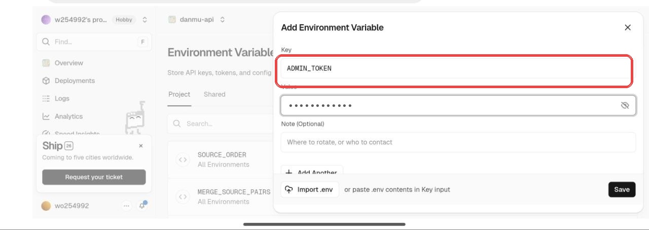 Vercel Add Environment Variable 弹窗里填写 Key