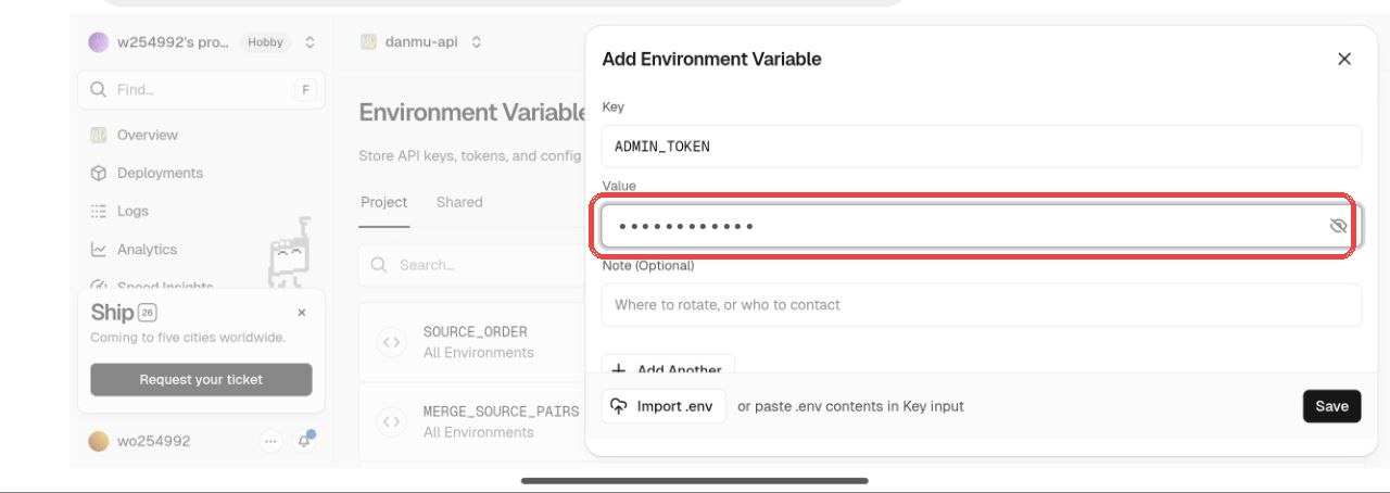 Vercel Add Environment Variable 弹窗里填写 Value